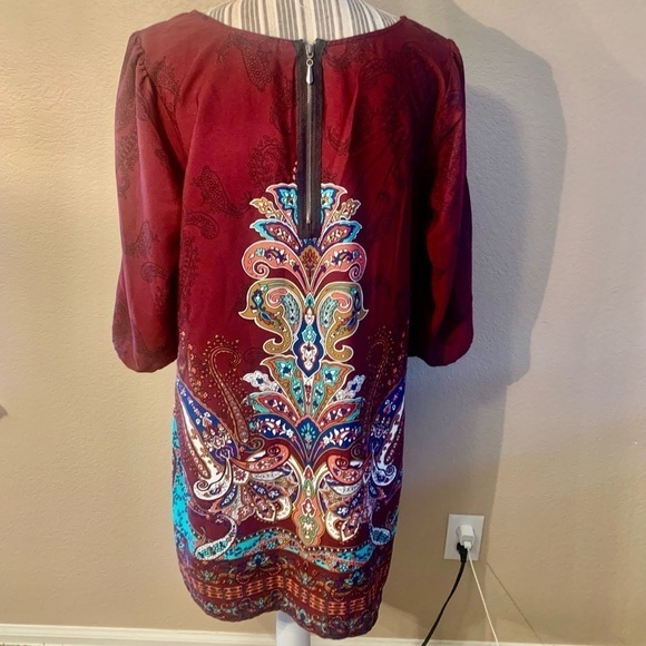 NEW Boho Dress XL BeBop Burgundy Multicolored Mandala pattern Mini Dress 1/2 Slv - Picture 9 of 16